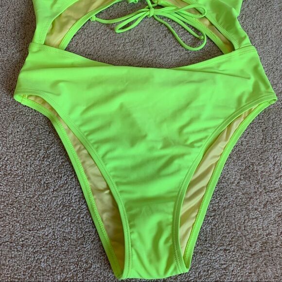 Relleciga high waisted 1 piece swimsuit cut out swimwear neon yellow sz XL NWOT - Picture 9 of 15